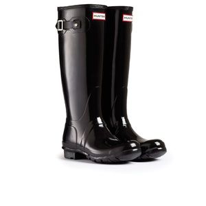 Tall glossy black Hunter boots.